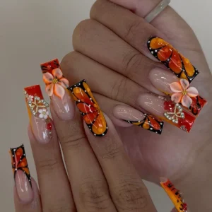 24Pcs Sweet Medium Square Press On Nails with Flowers