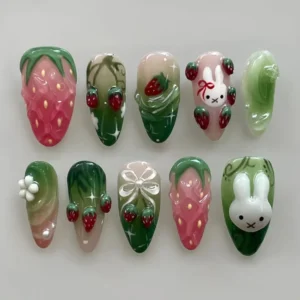 24Pcs 3D Flower Press on Mid-length Almond Wearable False Nails